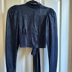 Metallic Navy High-Neck Long Sleeve Open Back Top